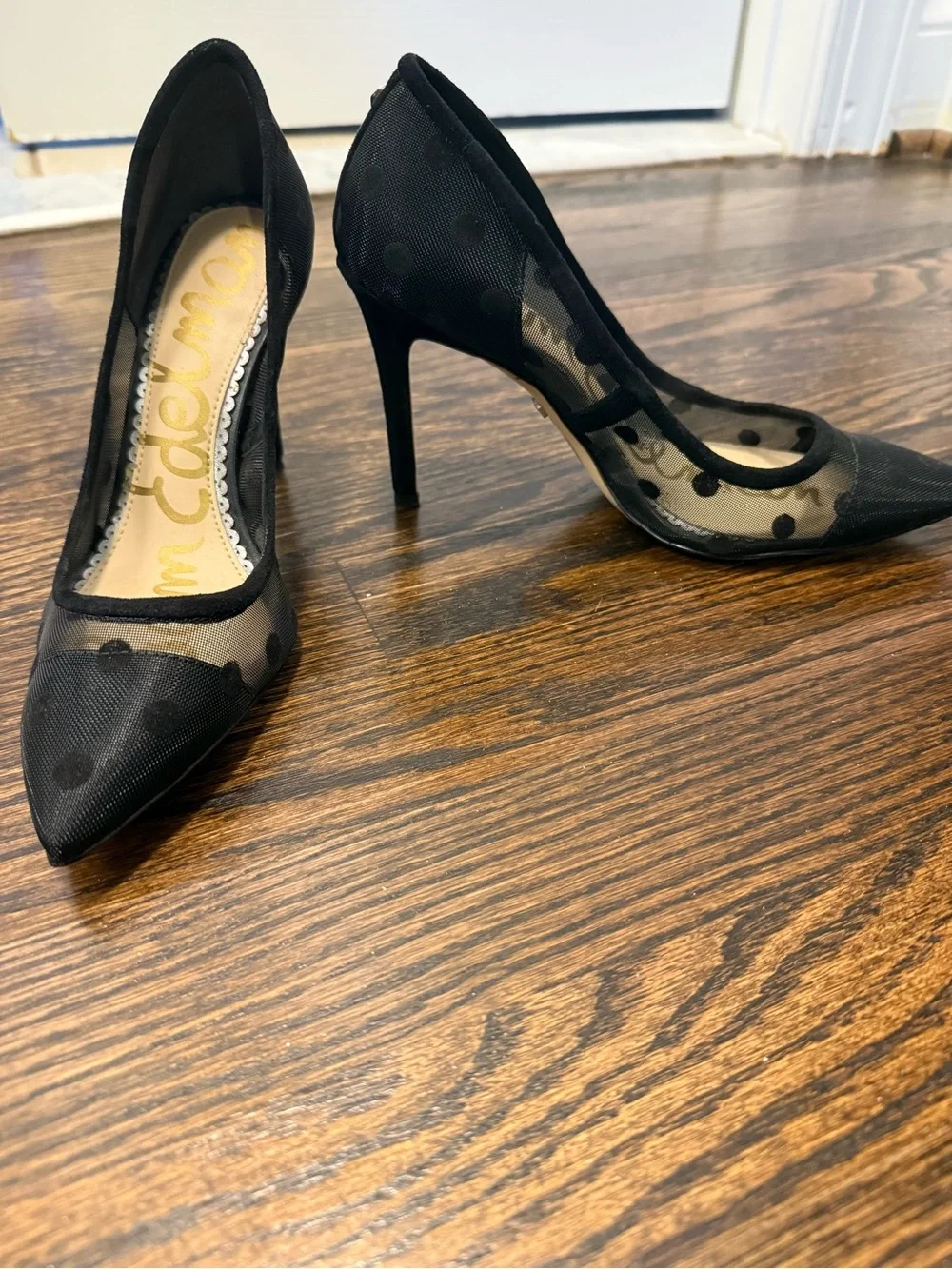 Sam Edelman Black Mesh Polka Dot Pointed Toe Pumps